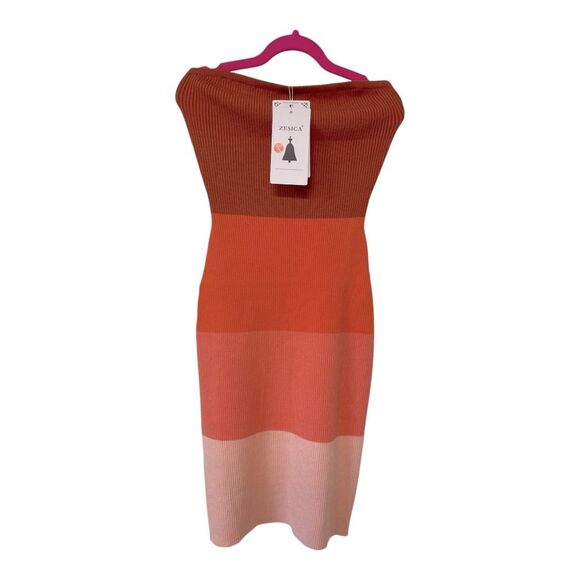 Zesica Color Block Strapless Knit Bodycon Dress - Orange,/Pink/Brown-Small - Picture 1 of 5